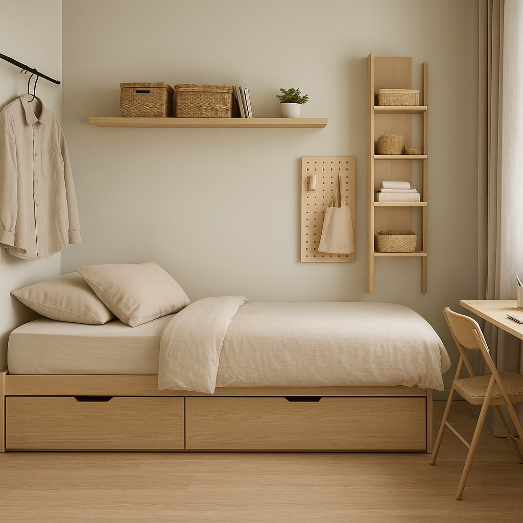 Smart small bedroom with shared storage and cozy layout
