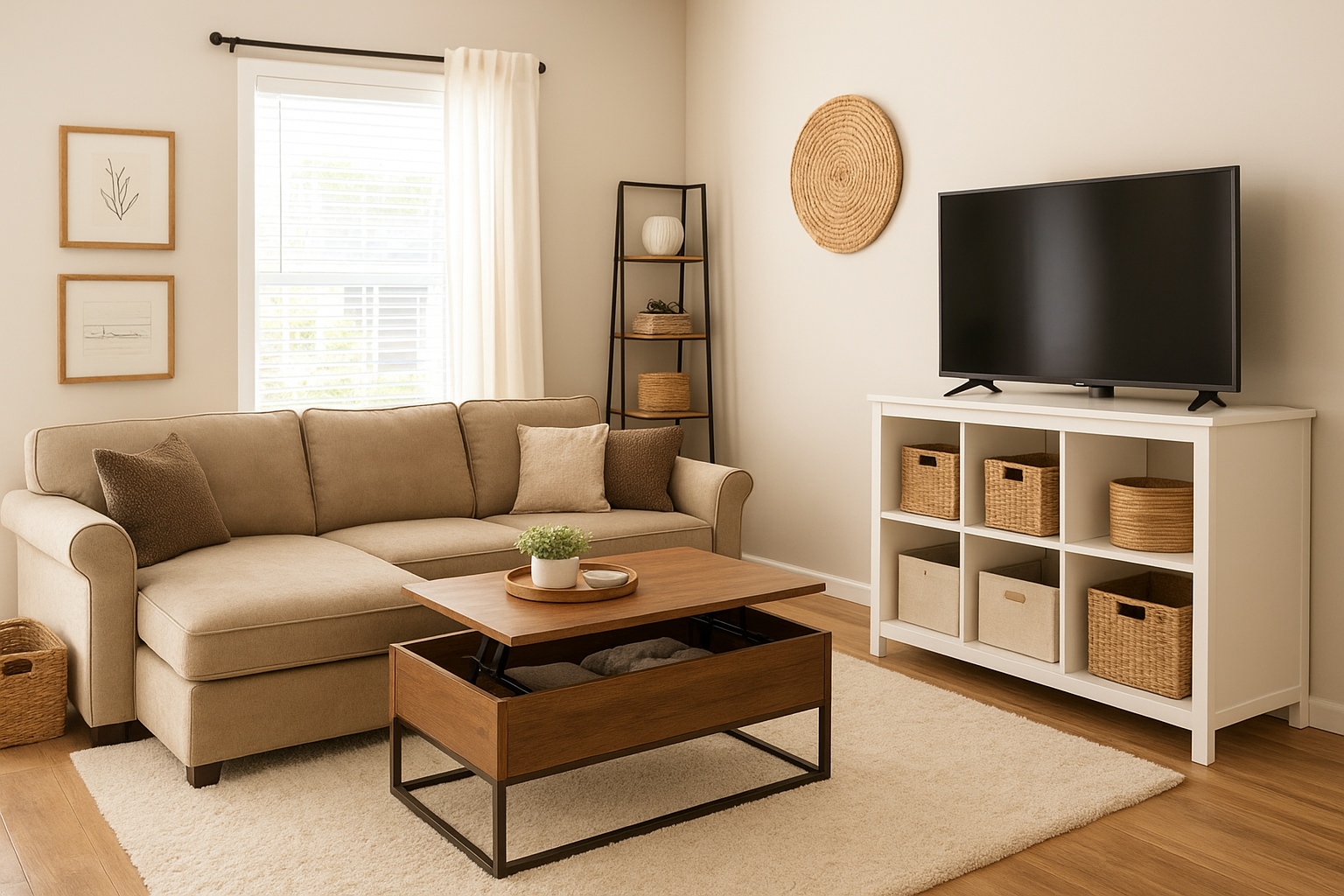 Small living room with hidden storage and wall shelves