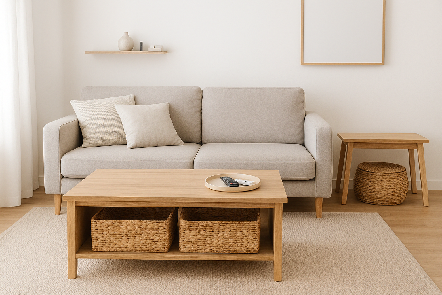 Baskets and hidden compartments for living room storage