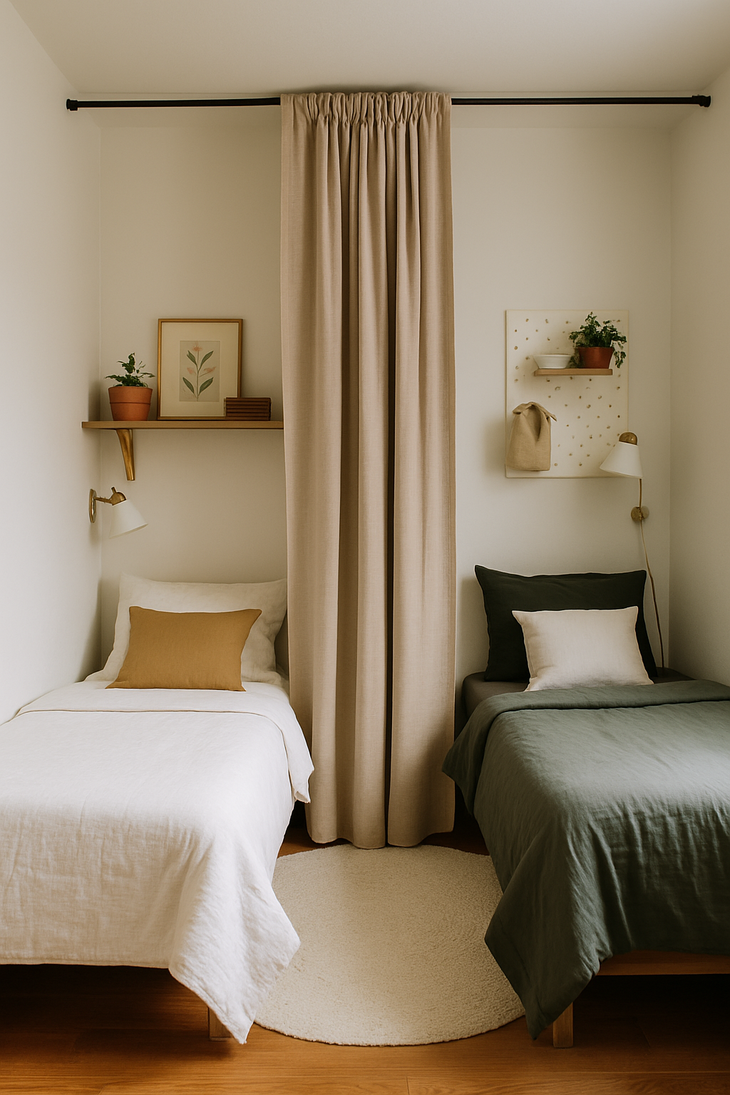 Shared bedroom divided with curtain