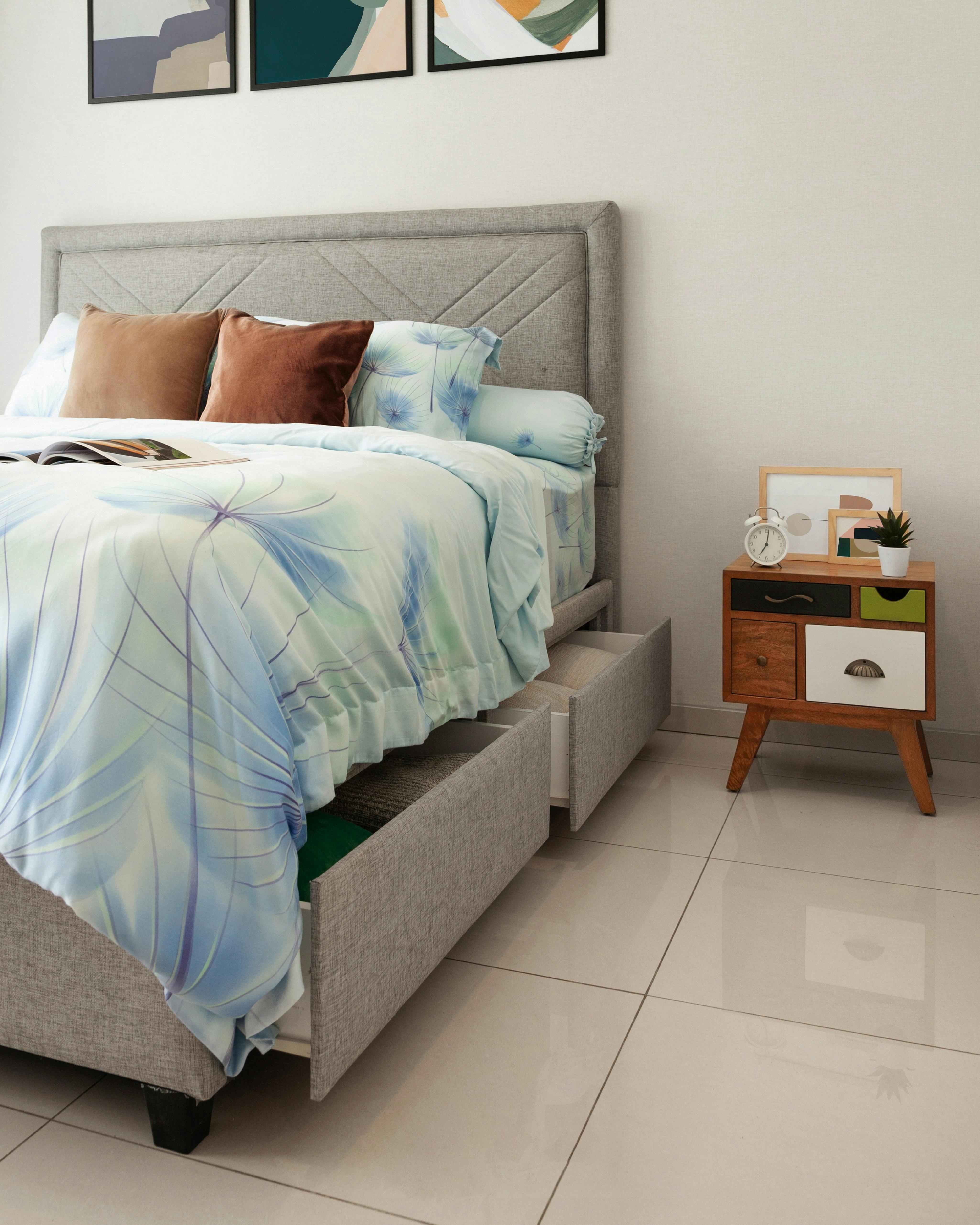 Smart under-bed storage in narrow shared bedroom